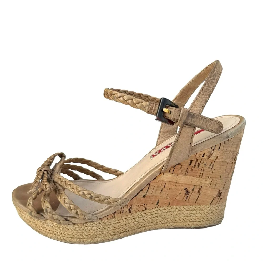 PRADA Strappy Sandals Cork Wedges Tan - Picture 4 of 16